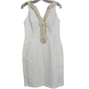 Just Taylor White Cotton Chevron Sleeveless Gold Silver Metalic Medallions Dress